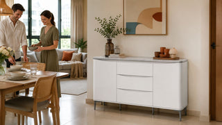 White display buffet in a modern Singapore living-dining room prepared for guests