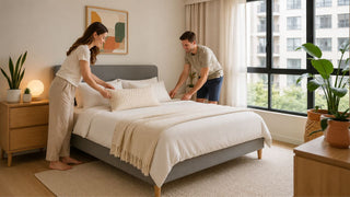 Modern divan bed in a bright Singapore condo bedroom with a couple arranging soft cream bedding.