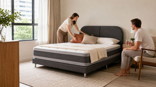 Double bed with grey upholstered frame in a bright modern Singapore bedroom styled for practical everyday comfort.