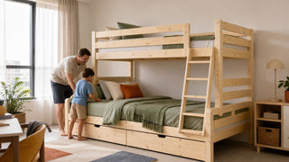 Double bunk bed with storage in a modern Singapore bedroom for a practical family layout