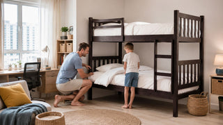 Dark wood double deck bed with study area in a practical Singapore family bedroom