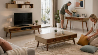 Modern living room furniture set in a Singapore home arranged for a simpler downsizing retirement lifestyle