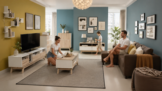 Durable living room furniture set in a modern Singapore home with family-friendly storage and easy-clean surfaces.