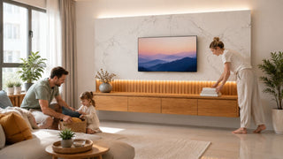 Modern floating TV console in a Singapore BTO living room with family-friendly storage and easy-clean layout