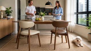 asy-clean dining chairs in a modern Singapore dining area with a pet-friendly rug and family setting.