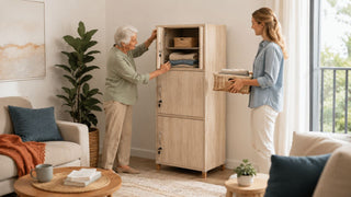 Elderly parent using a light wood storage cabinet with an adult helper in a modern Singapore living room
