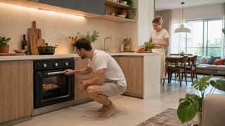 Built-in black electric oven in a modern Singapore condo kitchen with a couple preparing a simple home meal.