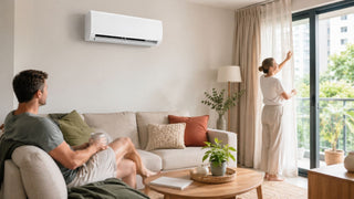 Wall mounted air conditioner in a modern Singapore living room with a couple relaxing beside light curtains and warm neutral decor