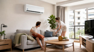 Energy efficient wall-mounted aircon above a compact sofa in a bright Singapore living room
