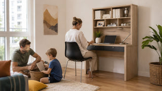 Light wood study desk with hutch in a modern Singapore condo study nook with family-friendly storage and workspace setup.
