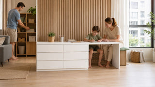 White extendable study table with drawer storage used by a family in a bright modern Singapore home.