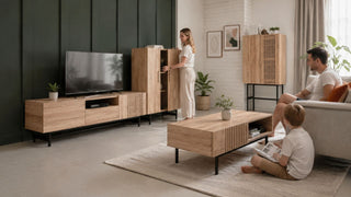 Family-friendly living room furniture set in a modern Singapore home with practical storage and easy-clean surfaces