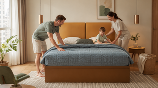 Family arranging a quilt on a modern bed in a bright Singapore bedroom with practical, easy-care styling.