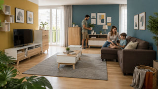 Family-friendly living room furniture set in a modern Singapore home with durable sofa, storage pieces, and easy-clean layout.