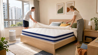 Fiberglass mattress in a bright Singapore bedroom with breathable bedding and practical airflow setup