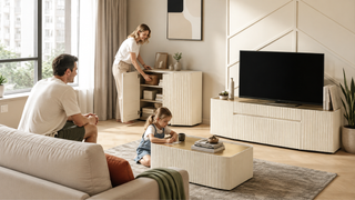 Fluted living room furniture set with TV console, coffee table, and storage cabinet in a modern Singapore flat for a work-from-home family setup.