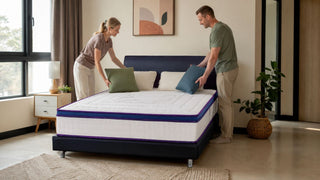 Modern foldable bed frame with mattress in a practical Singapore bedroom, styled for guest-ready comfort.