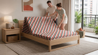 Foldable mattress in a modern Singapore condo bedroom with a couple setting up the room for guests