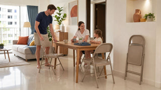 Beige folding dining chairs around a compact dining table in a modern Singapore flat, showing flexible seating for family meals.