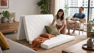 White folding mattress set up for guests in a practical modern Singapore living room