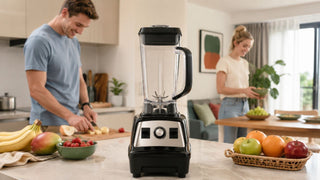 Food blender on a modern kitchen counter in a bright Singapore home, with a couple preparing fruit for smoothies.
