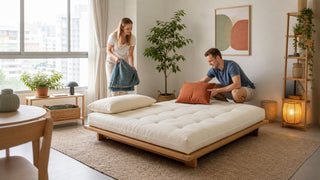Cream futon mattress on a low wooden platform in a modern Singapore home guest room