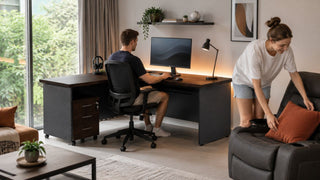 Modern Singapore home office with dark wood L-shaped desk, computer setup, and recliner for a tech-heavy living space