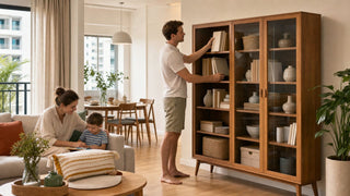 Glass door bookcase in a modern Singapore HDB living room with practical family storage and warm MegaFurniture styling