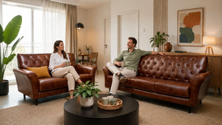 Brown leather sofa set in a modern Singapore living room styled for practical everyday comfort