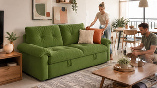 Green 3-seater sofa in a compact Singapore living room with a practical layout for a shoebox unit