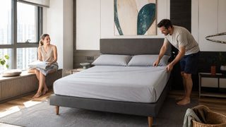Grey upholstered bed with fresh bedsheets in a bright Singapore condo bedroom for a MegaFurniture online bedding guide