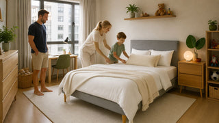 White bedding on a grey upholstered bed in a practical 3-room HDB children's room with family-friendly storage and study space.