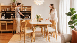 Modern dining set with kitchen storage cabinet in a bright Singapore home, styled for using Happie kitchen appliances from MegaFurniture