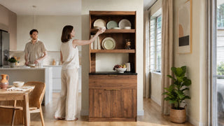 Wooden kitchen cabinet with open shelving in a bright Singapore HDB dining and kitchen area, styled for practical everyday storage.