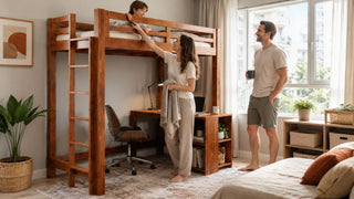 Wooden loft bed with study desk in a bright Singapore family bedroom, styled for practical HDB space saving