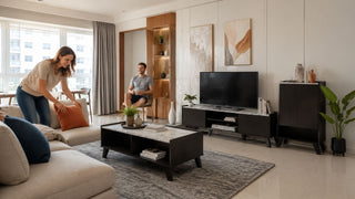 Modern MegaFurniture living room set in a renovated Singapore HDB with practical storage, warm decor, and a family-friendly layout