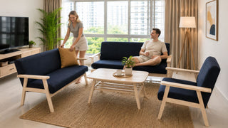 Navy wooden sofa set in a compact Singapore living room arranged for smart small-home space planning