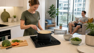 Portable induction cooker with pot in a bright modern Singapore kitchen for everyday home cooking
