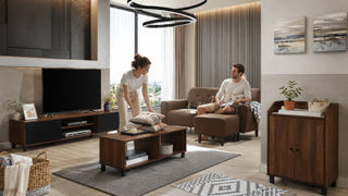 Industrial living room furniture set in a modern Singapore HDB with warm wood storage pieces and a compact sofa layout