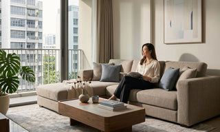 Woman sitting on a beige sofa in a modern Singapore living room, showing furniture scale and comfort before visiting Megafurniture’s Joo Seng Road showroom.