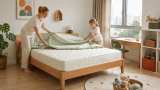 Wooden bed frame with quilted mattress in a bright Singapore children’s room with parent and child arranging bedding