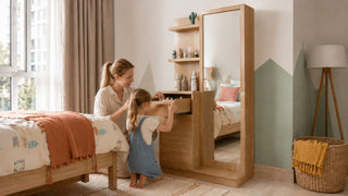 Kids dressing table with mirror in a bright Singapore bedroom, with a parent and child organising the drawer together.