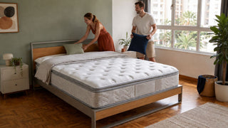 White couple arranging cushions on a king bed frame in a bright Singapore condo bedroom with practical walking space.