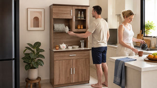 Wooden kitchen cabinet with organised dish storage in a bright modern Singapore home kitchen