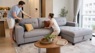Light grey L-shaped sofa in a compact Singapore condo living room with a couple measuring the space.