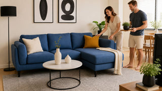 Blue L-shaped sofa arranged in a compact Singapore HDB living room with a couple preparing the space for guests.