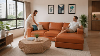 Cognac L-shaped sofa in a bright 4-room HDB living room with practical layout space for a Singapore home
