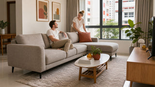 L-shaped sofa in a compact Singapore HDB living room with clear walking space and a practical family layout.