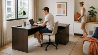 MegaFurniture dark wood L-shaped study desk in a bright Singapore home office corner with clear walking space and warm modern styling.