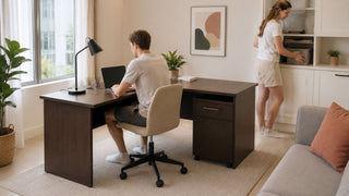 L-shaped study table in a modern Singapore home office with practical storage and a warm family-friendly layout